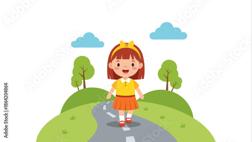 Flat vector illustration of a happy girl walking on a path through green hills with trees and clouds
