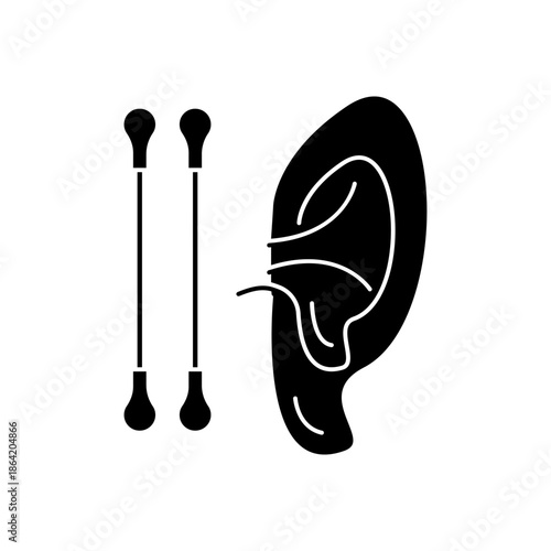 Ear Cleaning and Hearing Care Line Icon. Outline icon of human ear with cotton swabs, representing ear cleaning, hearing care, hygiene, and healthcare concept.