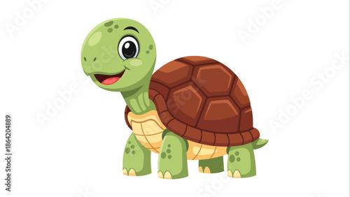Charming flat vector illustration of a cute smiling green turtle with a brown shell, isolated on white background