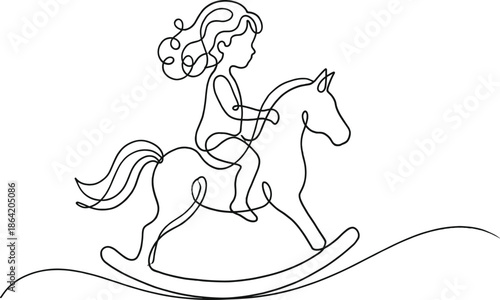 Continuous line drawing of a little girl riding a rocking horse minimalist vector illustration design