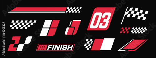 Racing Cars and Race Car Stripes Set, vector illustration featuring dynamic speed lines, checkered flag, motorsport decals, tuning stickers, motocross labels, and racing designs.