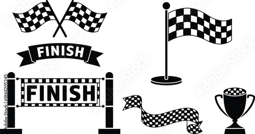 racing finish line check flags trophy vector illustration, a top ranked set featuring motorsport symbols, victory celebration elements, and dynamic vector design for racing, competition, and sport