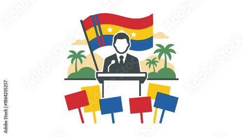 A stylized illustration depicts a public speaker addressing a crowd from a podium with a unique flag and palm trees in the background, surrounded by protest signs.