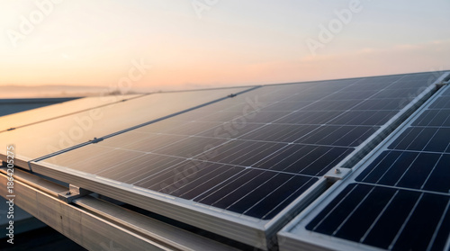 Close-up of Modern Solar Panels on a Rooftop at Sunset – High-Efficiency Sustainable Renewable Energy for Clean Power and Environmental Conservation
