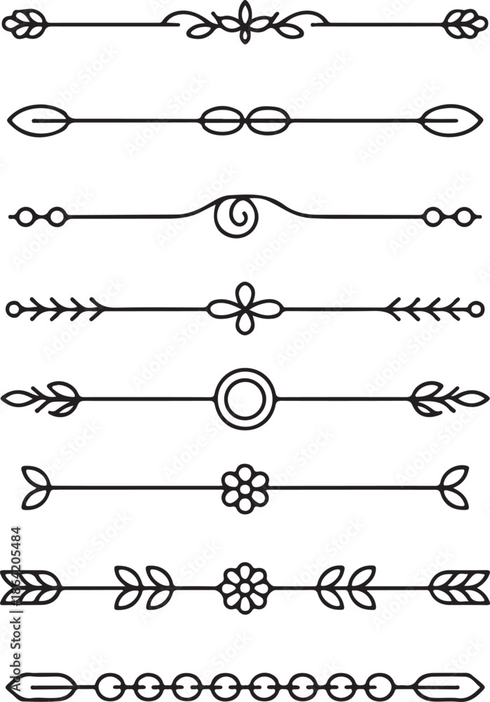 Obraz premium Nine distinct black line decorative dividers featuring leaves, flowers, and geometric shapes for text separation