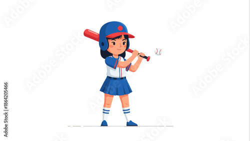 Energetic young girl baseball player in uniform with bat and helmet, ready to hit a ball, presented as a charming flat vector illustration for sports, youth, and playful themes