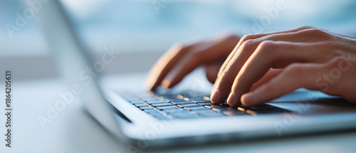 A close-up of a person's hands typing on the keyboard of an open laptop computer with blurred background elements suggesting outdoor scenery, possibly near water or in a park setting during