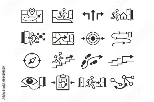 Planning evacuation visibility vector mapping set exit path direction focus icon cue
