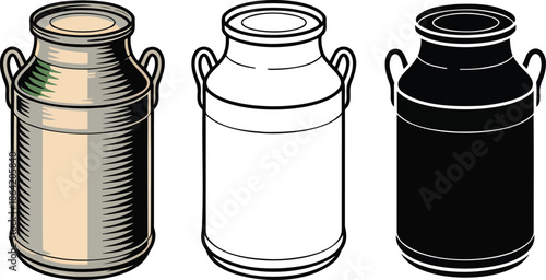 Milk can silhouette & Outline and illustration set isolated on transparent background