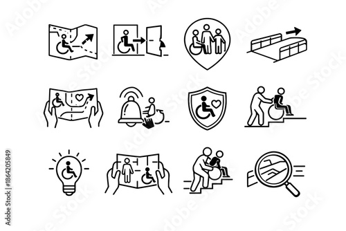 Evacuation inclusive cue icons wheelchair barrier vector design support accessibility accessible icon
