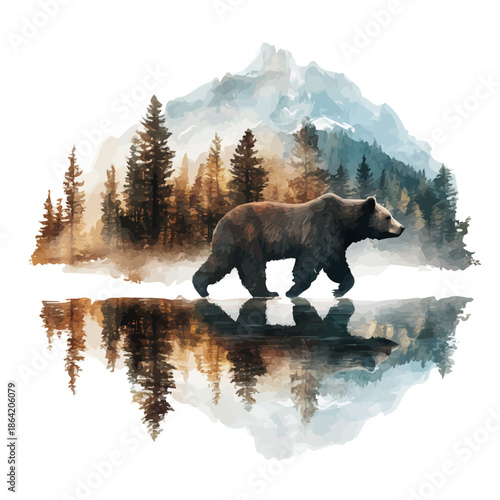 watercolor of Bear Walking Slowly, vector, isolated on a white background.