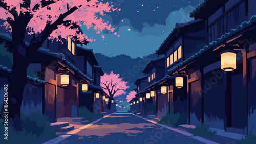 A narrow alleyway in Kyoto (Pontocho) at night. Traditional wooden buildings in black silhouette. Glowing gold lanterns and pink cherry blossoms. Indigo shadows. Vector illustration