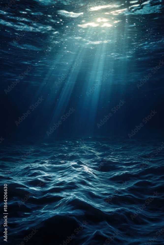 Fototapeta premium Underwater sunlight beams on dark ocean floor