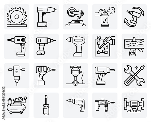 Construction Site Power Equipment – Jack Hammer, Rotary Laser, And Power Shear For Building And Demolition.