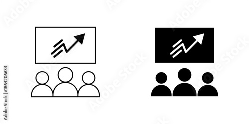 Business Growth Presentation Line Icon Outline icon showing a presentation screen with upward arrow and team figures, representing business growth, analytics, teamwork, and performance.