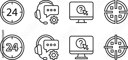 Customer support and technical service line icons set featuring 24 hour assistance online help desk troubleshooting and global business solution symbols