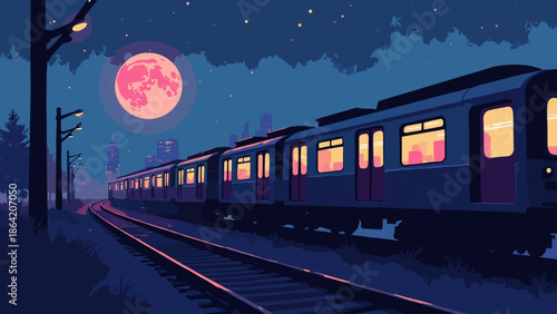 Chicago 'L' train track silhouette against a glowing moon. The moon is neon pink. The train windows are gold. Indigo sky. Flat vector