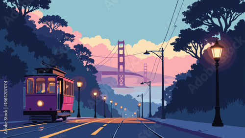 San Francisco steep street view with a cable car silhouette. Gold headlights. Pink fog rolling in. Indigo bay water. Flat design