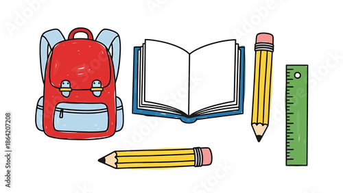 School Supplies Collection Backpack Open Book Pencils Ruler for Education Theme