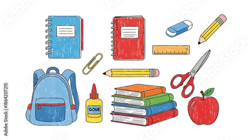 School Supplies Assortment Backpack Books Notebooks Pencils Eraser Ruler Scissors Glue Apple