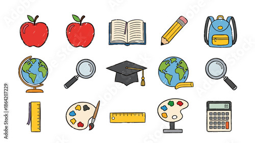 Collection of School Supplies and Educational Icons for Learning and Creativity