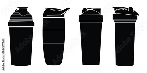 Water Bottle Silhouette Icon Set – Insulated Tumbler, Travel Mug and Plastic Bottle Vector Collection Isolated on White Background