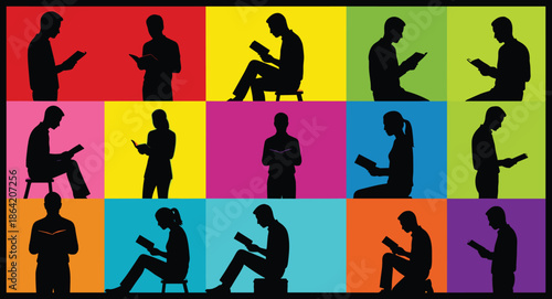   
Multicolor collage of diverse people reading books in silhouette style promoting literacy, education, learning, knowledge, and cultural diversity.