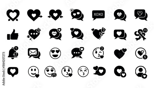 Set of Social Media Love and Romance Icons featuring Heart Chat Bubbles, Valentine Emojis, and Romantic Communication Symbols