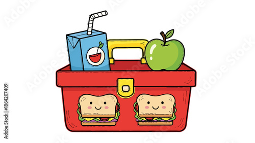 Cartoon Red Lunch Box Packed with Juice Apple and Sandwiches for School Meal