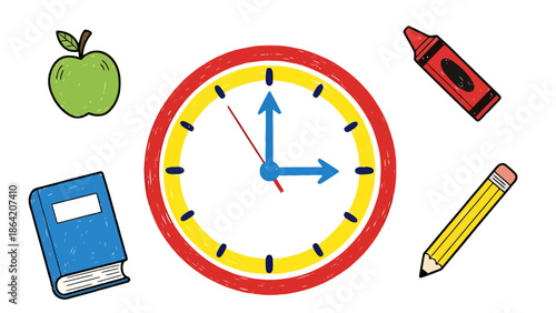 School and Learning Concept Clock Book Apple Crayon Pencil