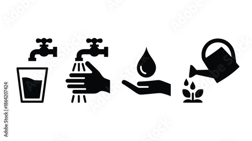 Collection of water icons: glass of water, washing hands, water drop in hand, and watering plant on transparent background