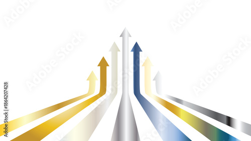 Set of multi-colored gradient arrows pointing upwards, symbolizing growth, progress, and success on transparent background