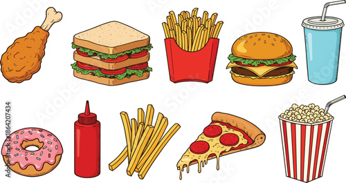 Fast Food Illustration Icons Set with Burger, Fries, Fried Chicken, Sandwich, Pizza, Donut, Soda, Popcorn, and Sauce Vector