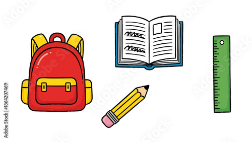 School Supplies Collection Backpack Open Book Pencil and Ruler Elements for Education