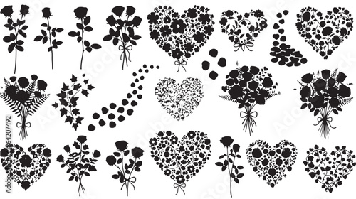 Set of Black Rose and Floral Silhouettes, Heart Shaped Flower Arrangements, Bouquets and Petals for Romantic Designs
