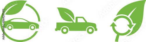 Green eco-friendly transportation icon set featuring electric car and truck silhouettes with leaves and a recycling leaf symbol for sustainability.