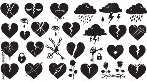 Set of Broken Heart Silhouettes and Sadness Icons Featuring Storm Clouds, Crying Eyes, Keys, and Roses for Emotional Concepts