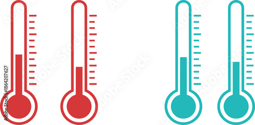 Red and teal thermometer icon set showing different temperature levels with measurement scales for heat cold fever weather and climate.