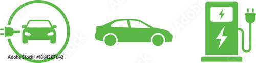 Green electric vehicle and charging station icon set featuring eco friendly car silhouettes and battery power plug symbols for sustainability.