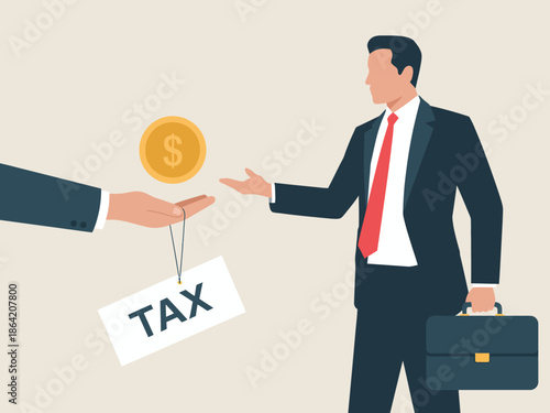 This illustration captures a businessman engaging in a financial discussion about taxes, signifying the importance of effective tax management and fiscal responsibility in business.