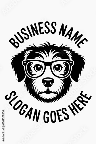A charming illustration of a dog wearing glasses, perfect for branding a pet-related business, conveying playfulness and intelligence in a fun, approachable style.