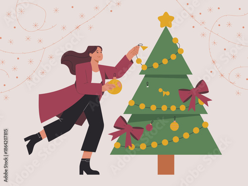 A joyful woman dressed warmly, happily decorating a Christmas tree with ornaments and lights, capturing the festive spirit of the holiday season and bringing warmth to winter.