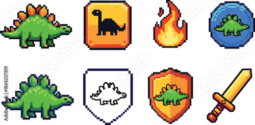 Pixel Art Dinosaur Game Icons Set with Stegosaurus, Fire Element, Shield, Sword, Badge, and Fantasy UI Symbols Vector