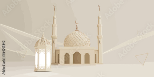 A minimalist rendering of a mosque complemented by a decorative lantern, illustrating serene architecture and cultural elements in a soothing beige tone.