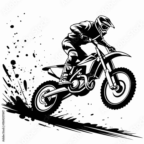 An action-packed illustration of a motocross rider performing a jump, showcasing athleticism and speed alongside a spray of dirt and energy-filled dynamics.
