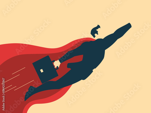 A businessman is depicted as a superhero flying swiftly with a briefcase, symbolizing ambition and success in today's fast-paced corporate world.