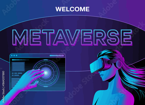 This modern artwork features a stylized metaverse welcome sign accompanied by virtual reality elements, symbolizing the rise of digital technology and immersive experiences.