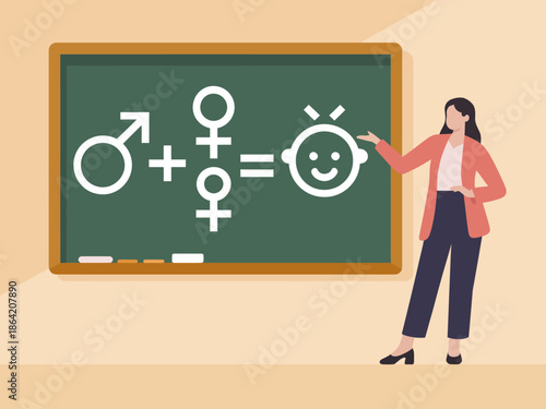 This image creatively illustrates the concept of family dynamics using symbols for male and female, combined to represent their unity in creating a happy child symbol.