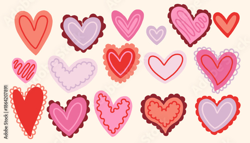 Whimsical puffy hearts in pink, red and lavender tones with soft decorative outlines. Cute playful Valentine vector set perfect for cards, stickers, crafts and romantic design projects