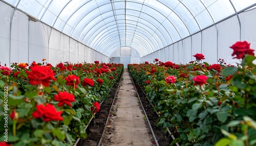 Rows of vibrant red roses growing in a large greenhouse under a clear roof.